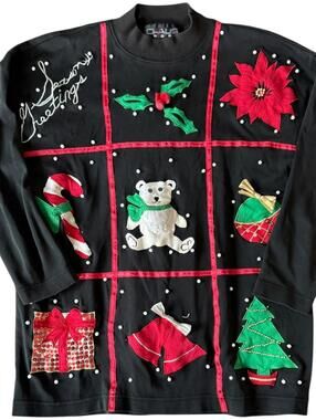 Chaus Sport Black Holiday Patchwork Sweatshirt – Size M